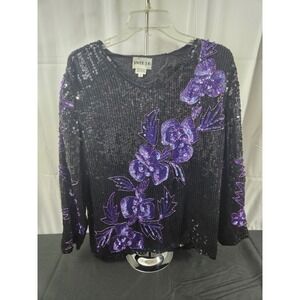 Vintage Swee Lo Silk Sequin Blouse Women's Large 70s‎ Party Top Black Purple